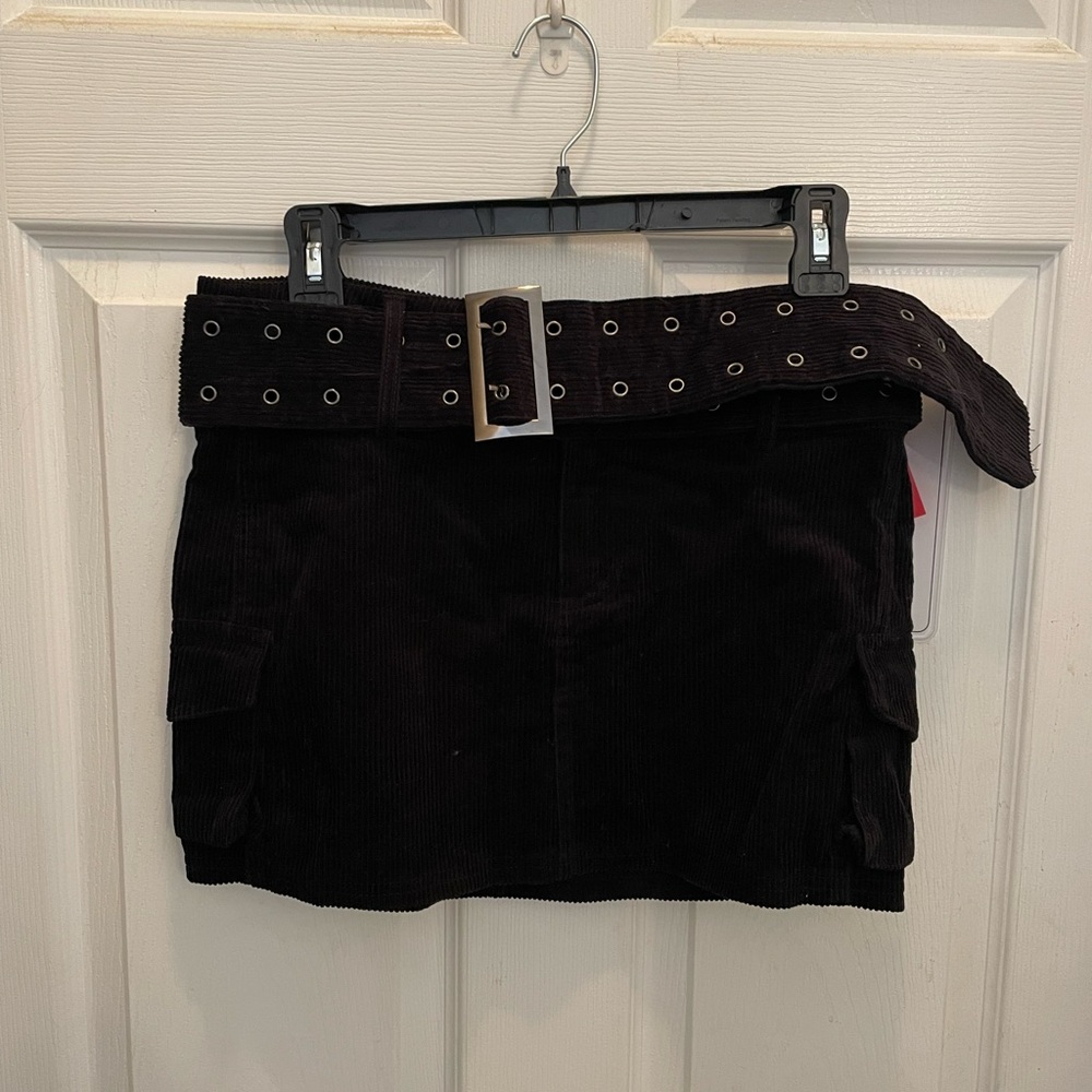 Princess Polly Black Corduroy Mini Skirt with Grommet Belt